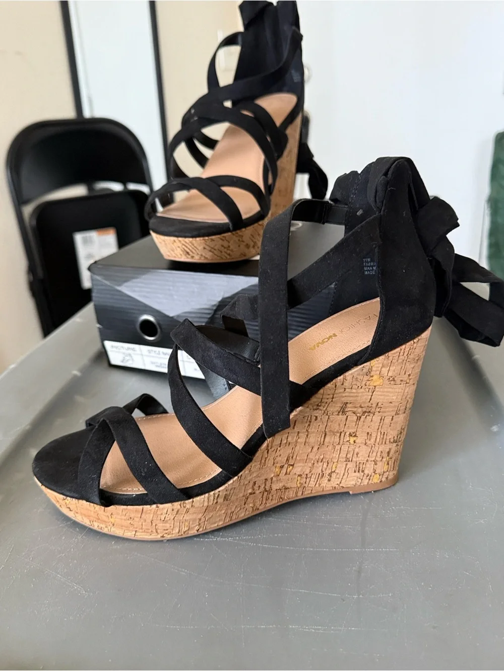 Fashion Nova Black Strappy Cork Wedge Sandals with Ankle Tie